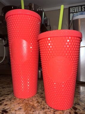 Starbucks Neon Coral Studded Tumbler Pair with Lime Straws